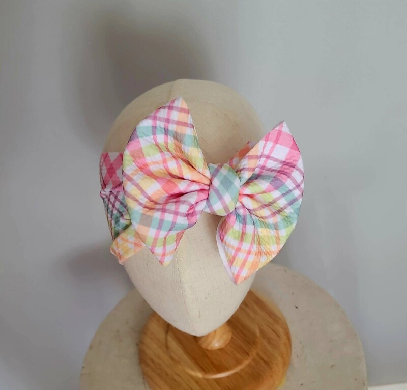 Pastel Check Plaid Knit Hair Bow - Headwrap - Clip - Pigtail Bows - Headband - Peach - Easter - Rainbow - Spring - Birthday - Purple - Mint